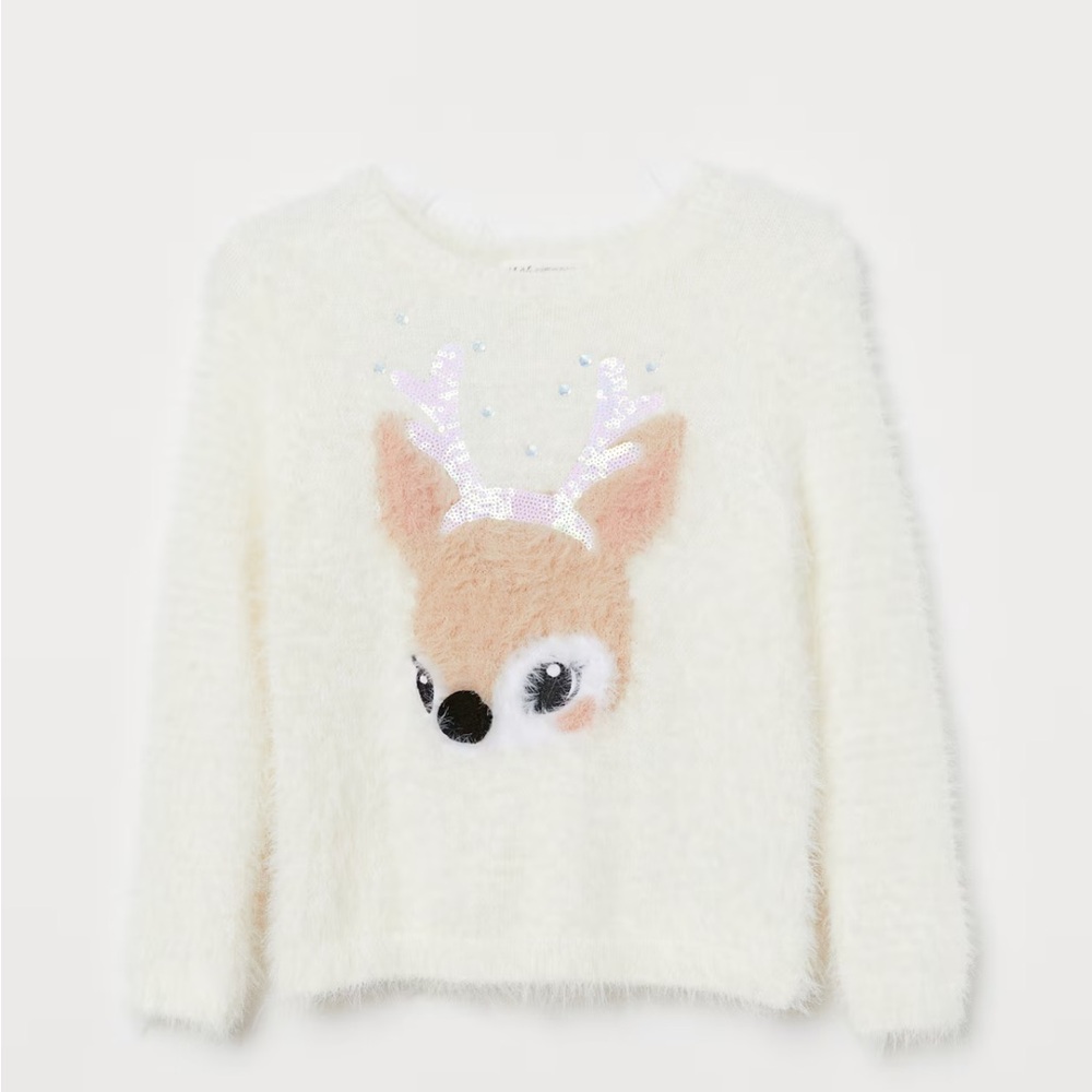 H&M Cream Fuzzy Holiday Sweater with Deer Design